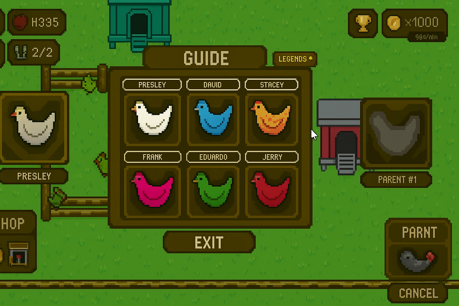 Gamer with a thriving, advanced chicken farm and a golden rooster